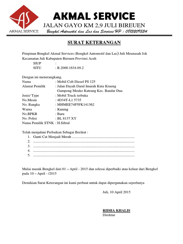 Surat Keterangan Bengkel