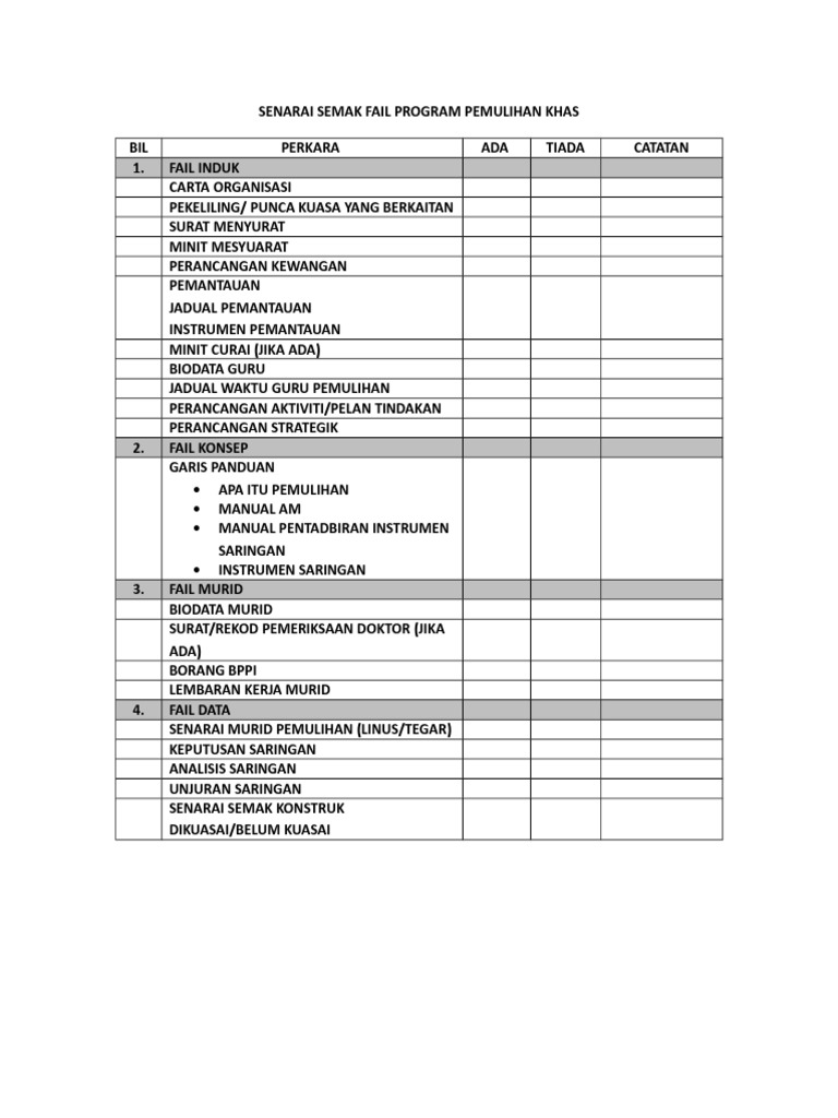 Senarai Semak Program Pemulihan Khas | PDF