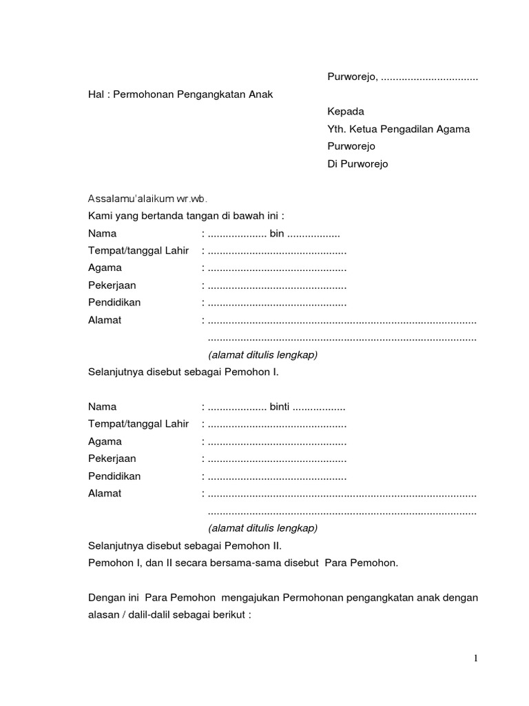 Papwr Contoh Permohonan Pengangkatan Anak