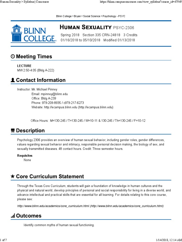 Human Sexuality Course Syllabus PDF Human Sexual Activity