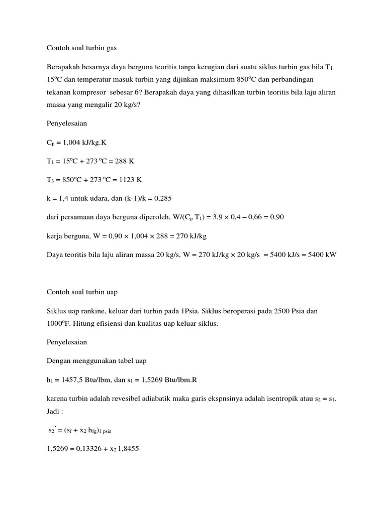Contoh Soal Turbin Gas Dan Uap