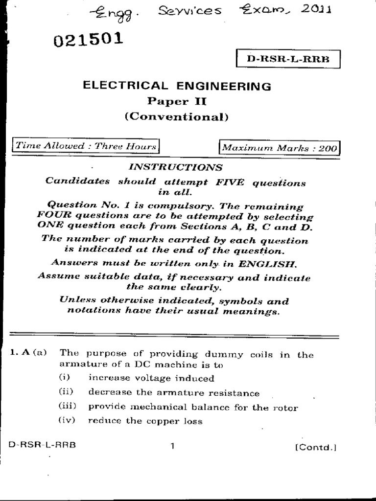 UPSC IES 2011 Electrical Engg Paper 2 Descriptive (Conventional) Type ...