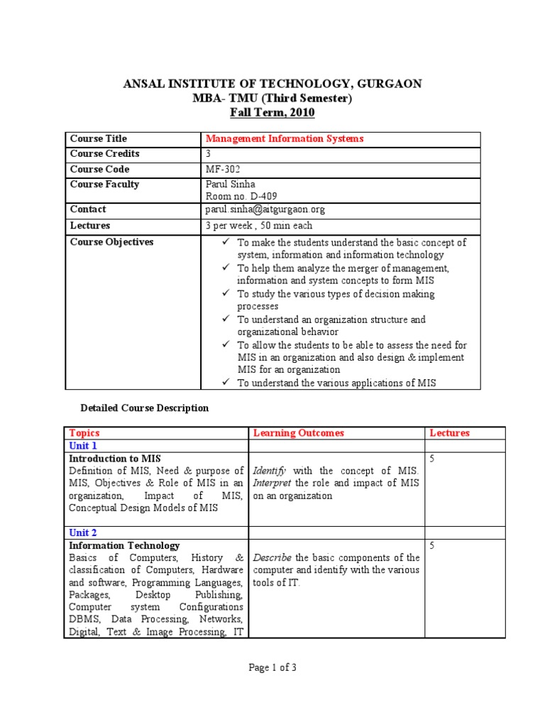 MBA Management Information Systems Course | PDF | Career & Growth