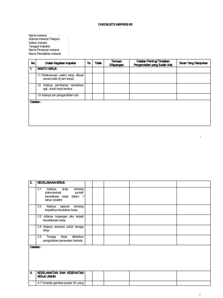 Checklist Inspeksi K3 Lengkap | PDF