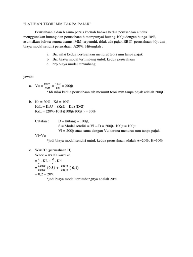 Contoh Soal Teori Mm Tanpa Pajak Contoh Soal Terbaru