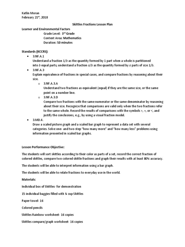Skittles Fractions Math Target Lesson Plan | PDF | Fraction ...