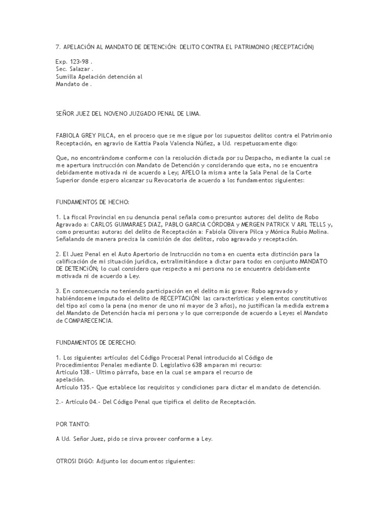 Modelo De Solicitud De Revocatoria De Prision Preventiva Pdf Ley Procesal Habeas Corpus