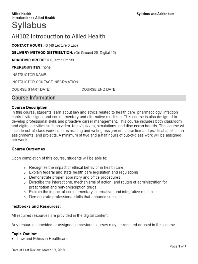 Allied Health Course Syllabus Overview | PDF | Alternative Medicine ...