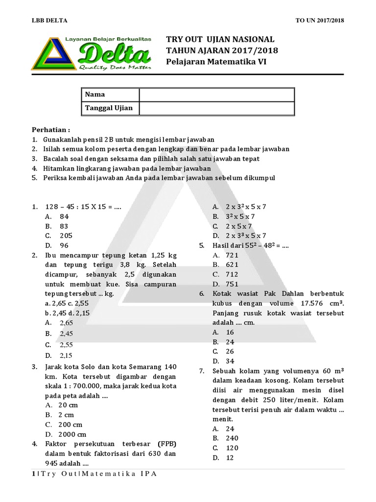 Soal To Mtk Kelas 6 Lbb Delta