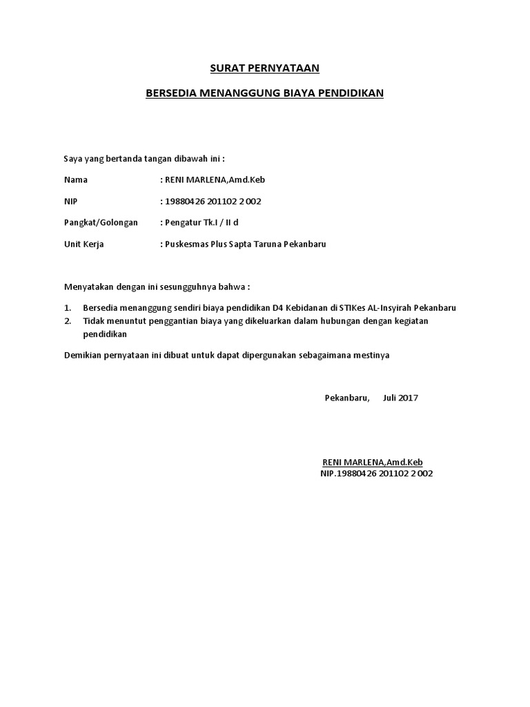 Surat Pernyataan Bersedia Menanggung Biaya Pendidikan