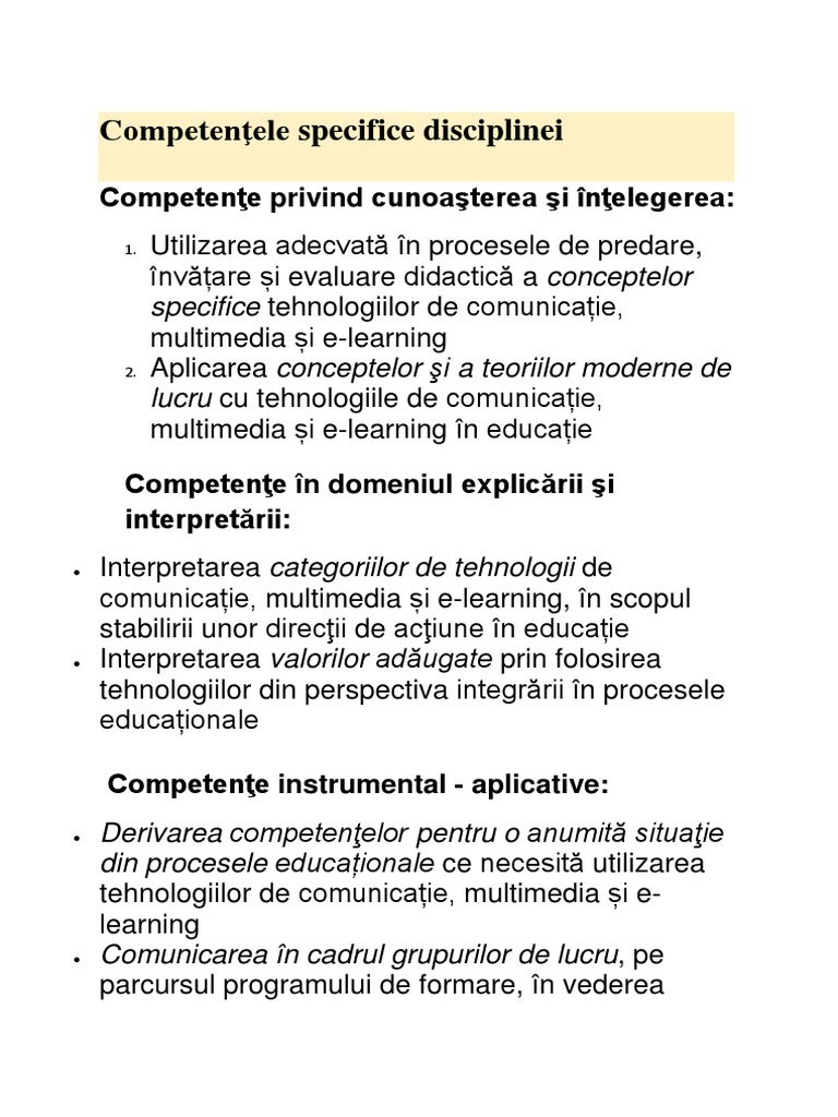 Competenţele Specifice Disciplinei | PDF