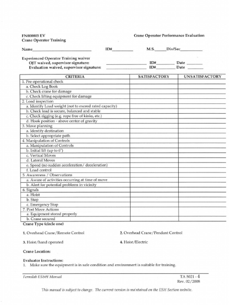 5021 Crane Operator Performance Evaluation PDF