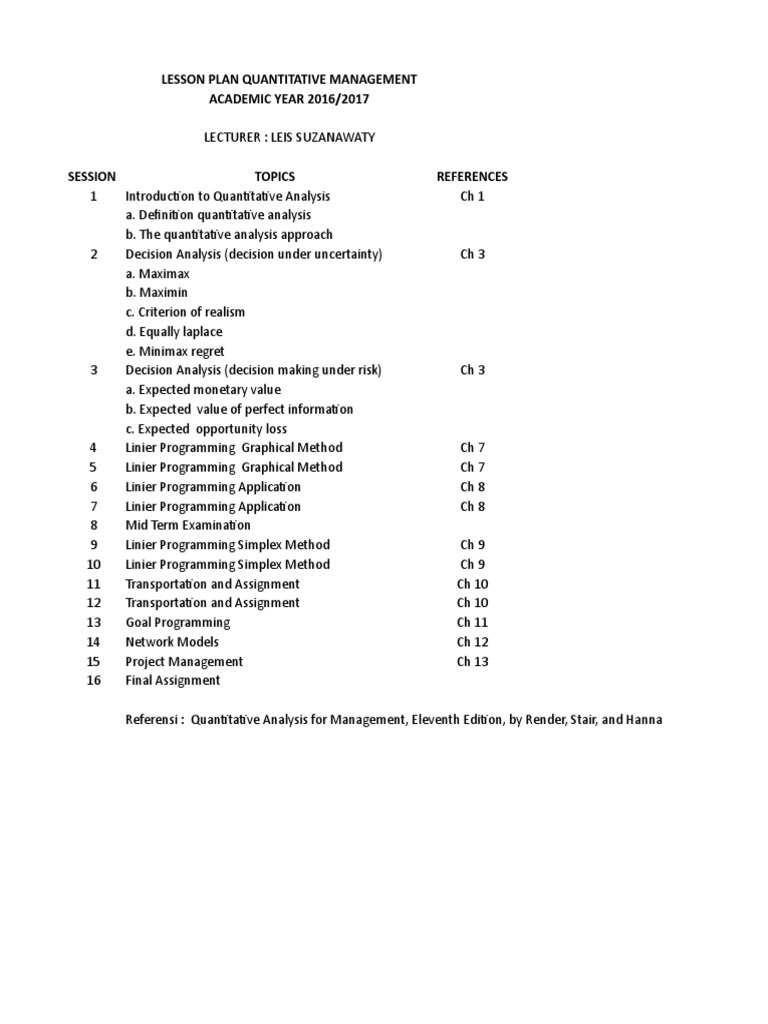 Quantitative Management Lesson Plan | PDF | Teaching Methods & Materials