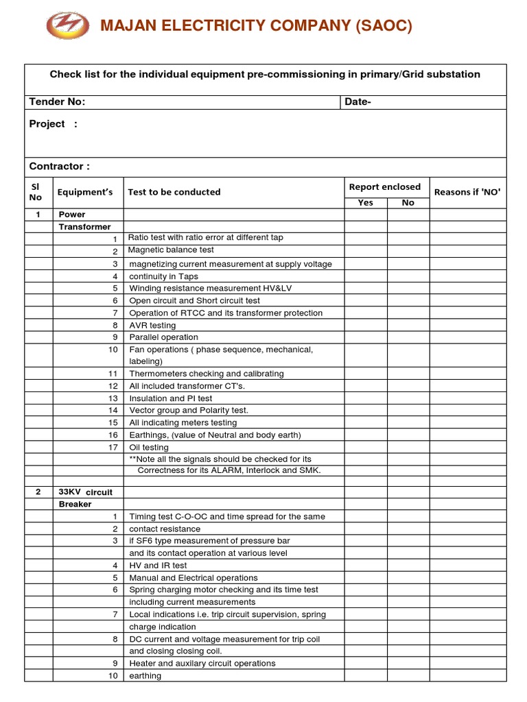 Pre Commissioning Tests Checklist Transformer Relay