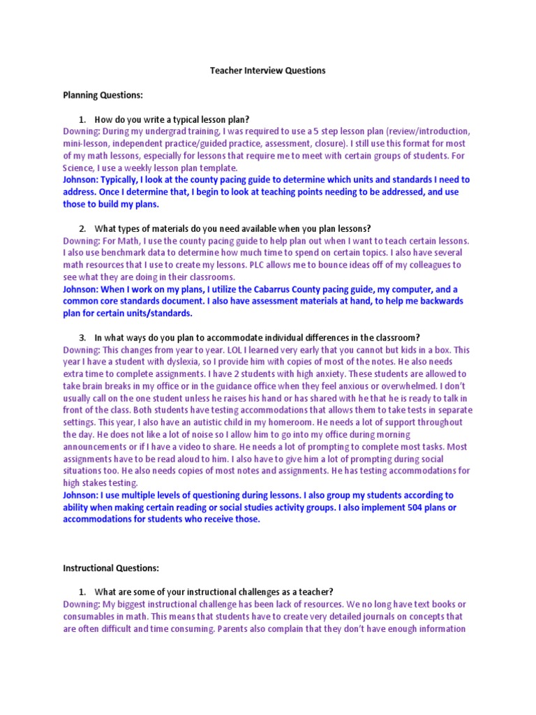 Teacher Interview Questions Pdf Classroom Management Lesson Plan