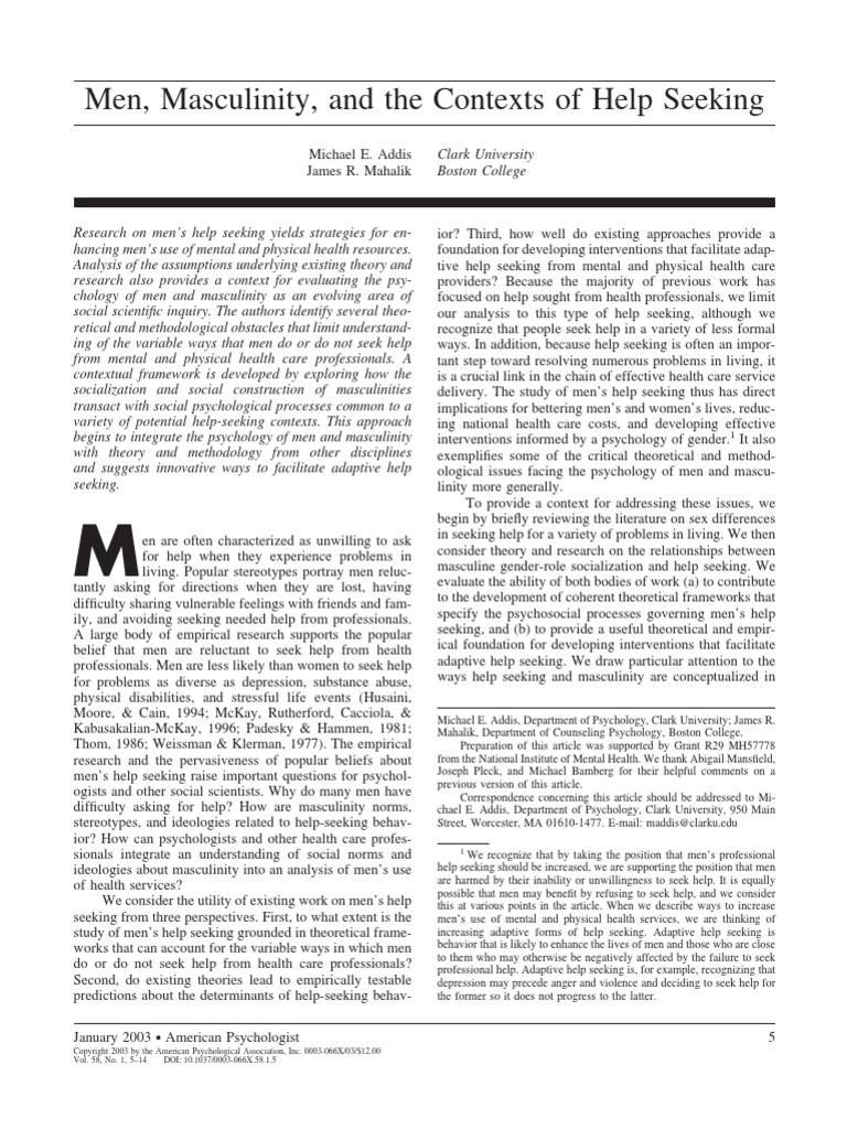 Men, Masculinity, and The Contexts of Help Seeking | PDF | Masculinity ...