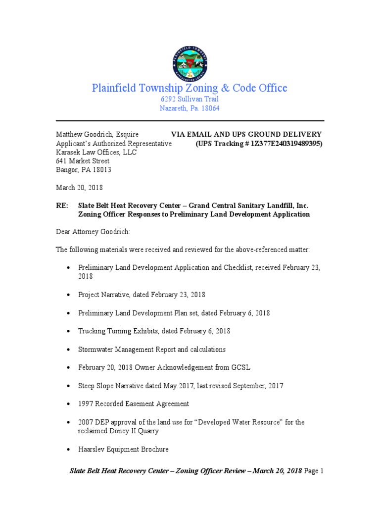 March 2018 Plainfield Township Zoning Officer Review Letter Synagro Land Development Plan