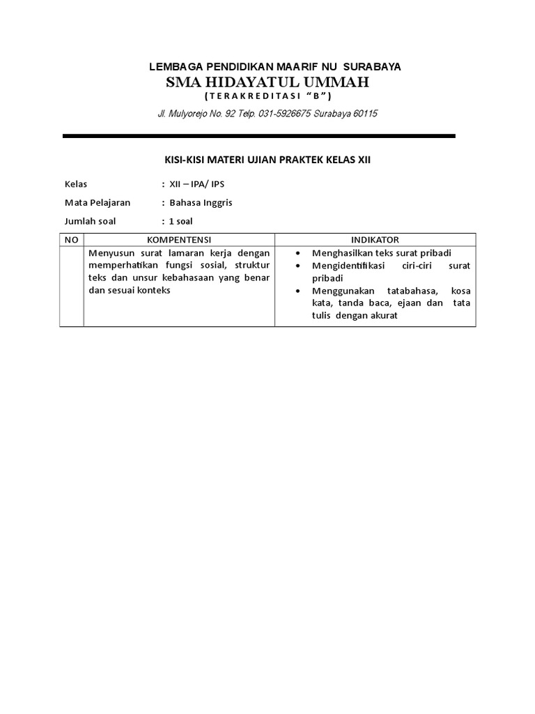 Contoh Surat Lamaran Kerja Ujian Praktek Bahasa Indonesia ...