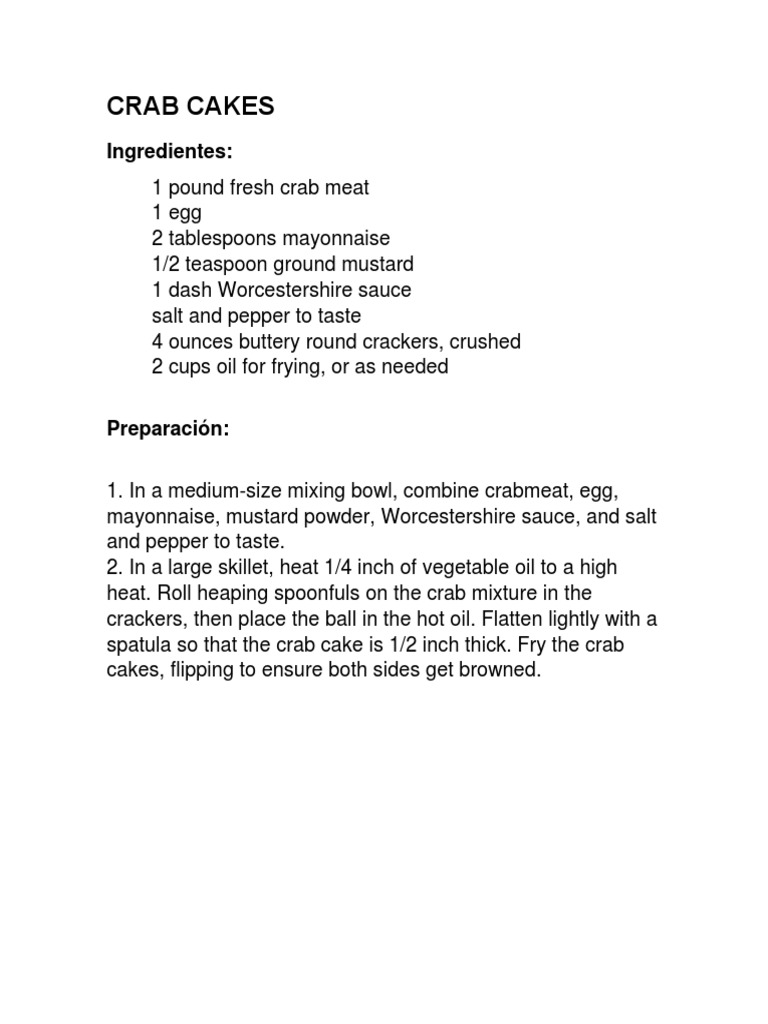 Receta de Pasteles de Cangrejo en Inglés | PDF | Mayonesa | Condimentos