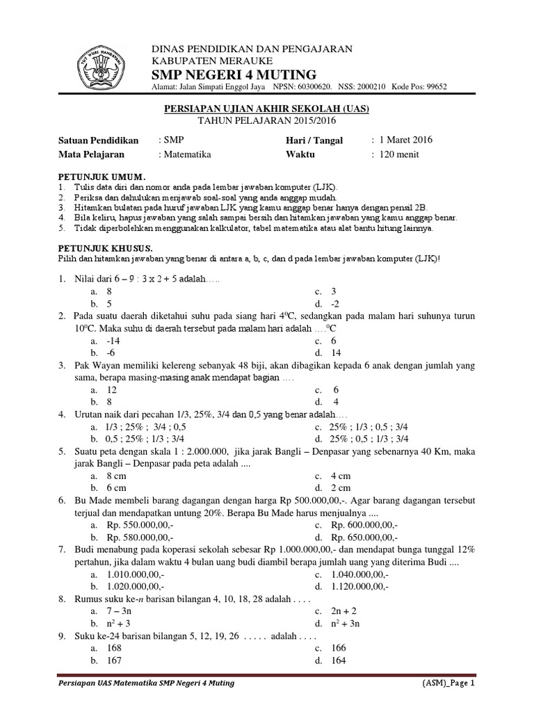 Soal Try Out MTK (Kls 9) Di SMPN 4 Muting 2016