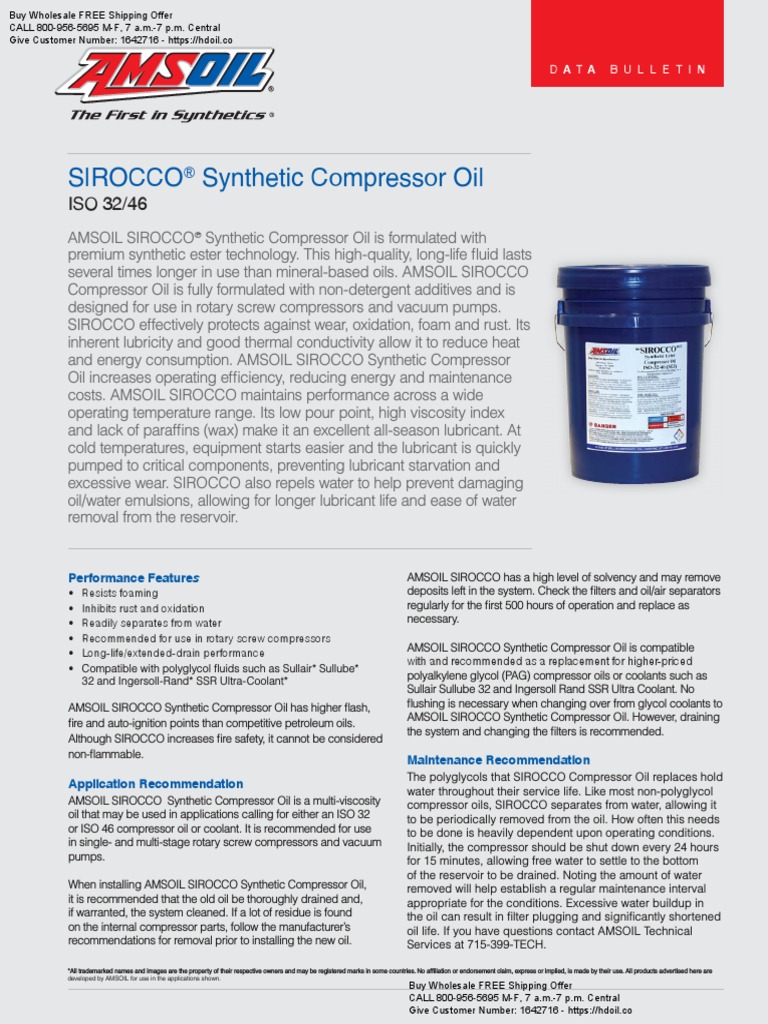 AMSOIL SIROCCO™ Synthetic Compressor Oil ISO 32_46 SAE 5W20 (SEI) Industrial Gases Chemical