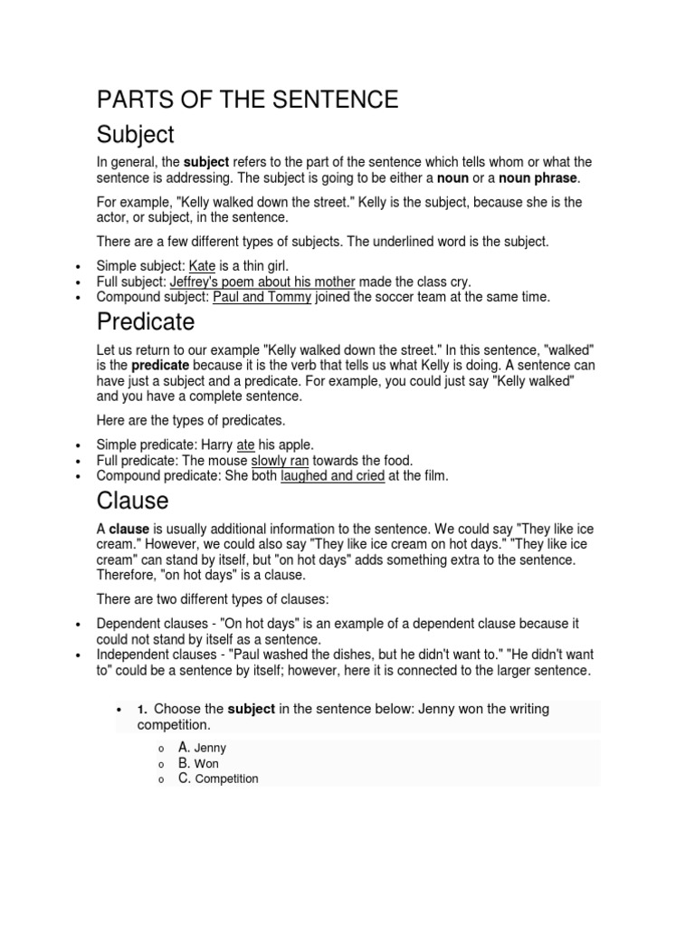 A2 Parts of The Sentence | PDF | Object (Grammar) | Subject (Grammar)