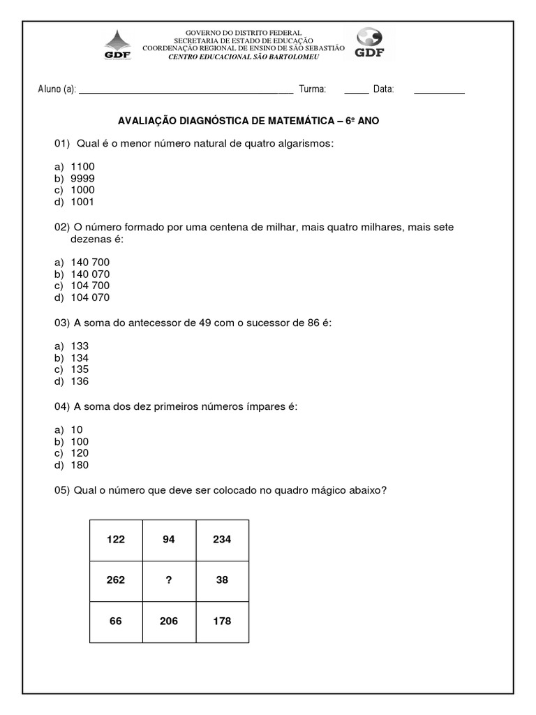 Avaliação Diagnóstica 6 Ano | PDF