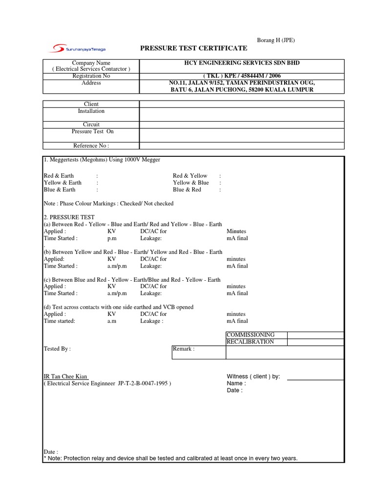 Pressure Test Report Template | PDF | Components | Electricity