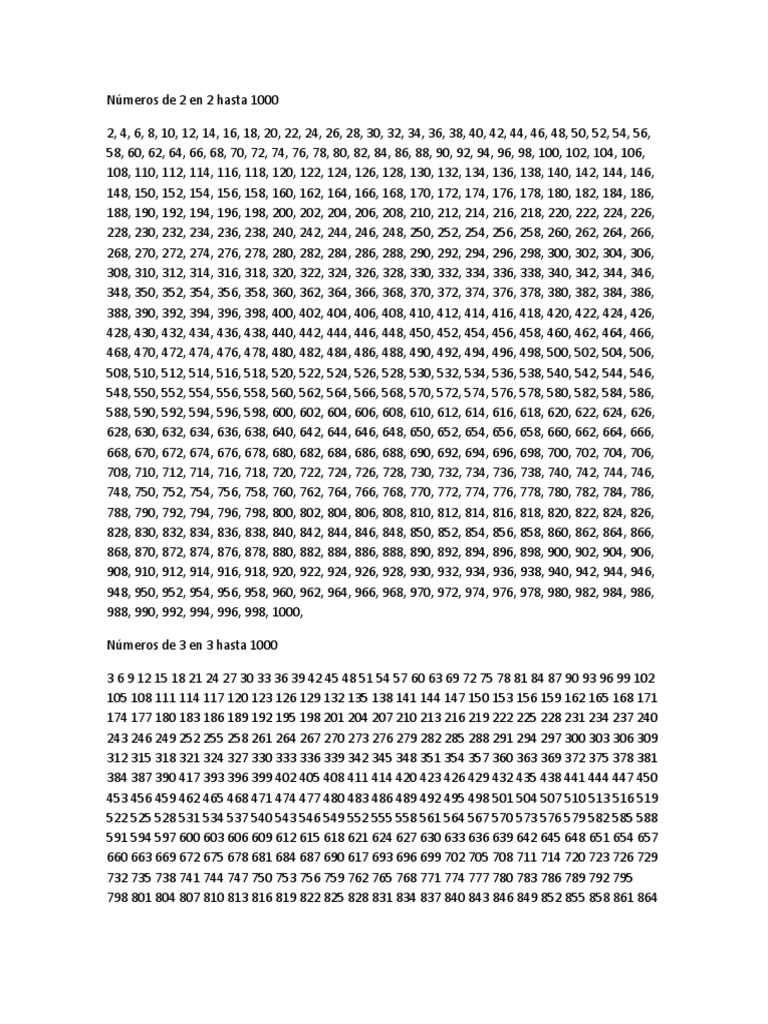 Números de 2 en 2 hasta 1000 | PDF