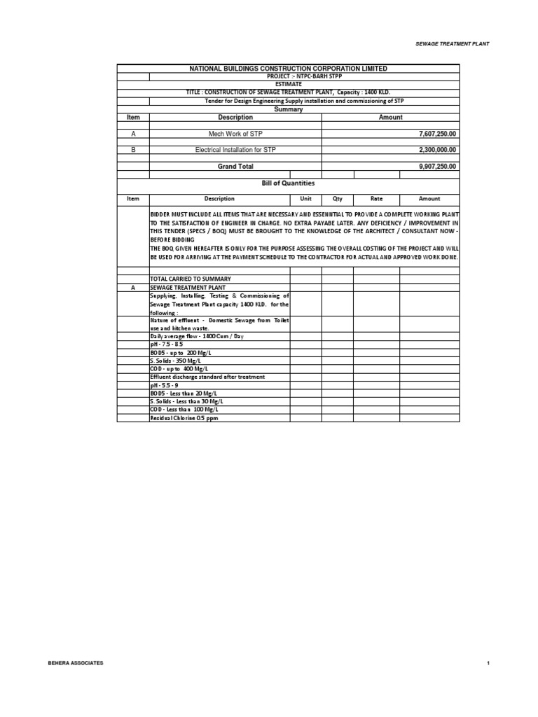 BOQ Water Treatment | PDF | Sewage Treatment | Electrical Wiring