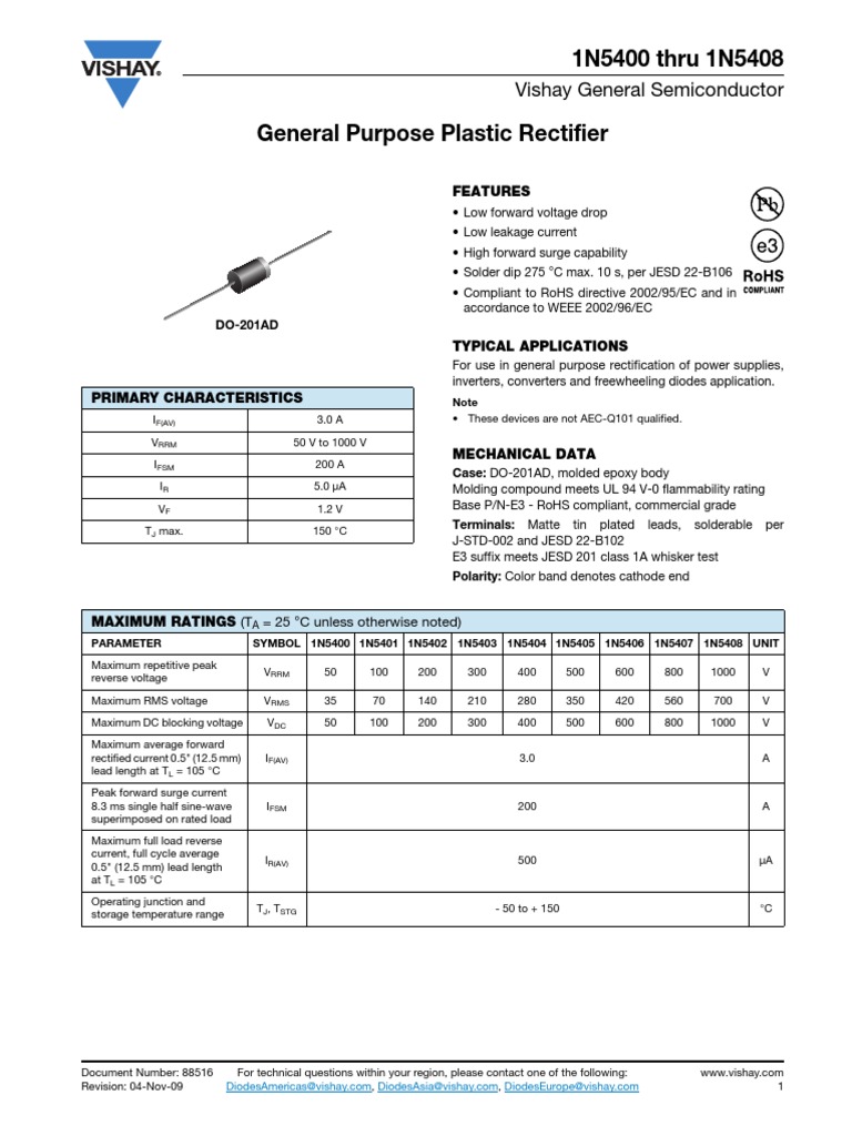 1N5400 Thru 1N5408: Vishay General Semiconductor | PDF | Rectifier | Diode
