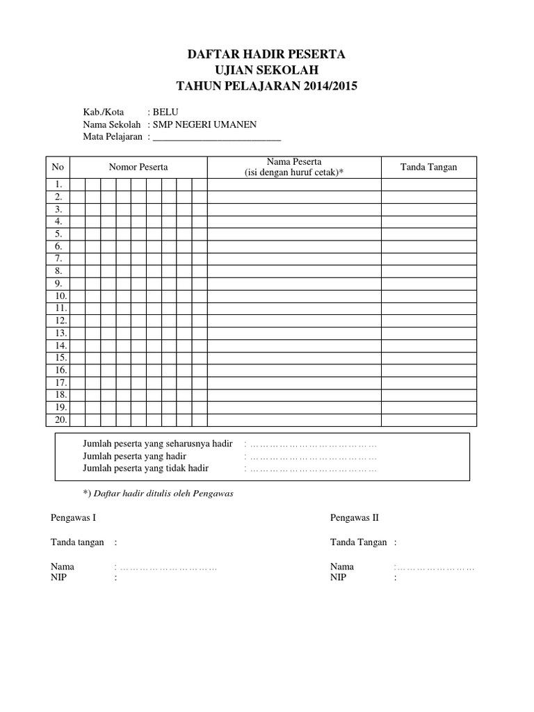 Contoh Daftar Hadir Peserta Ujian Sekolah Tips Belajar
