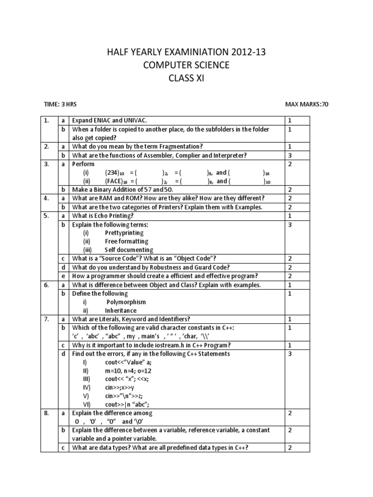 2012-13 20121017 Common Half Yearly CS Class XI | PDF | C++ | C ...