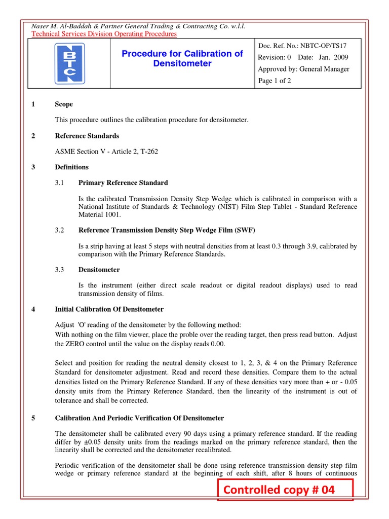 Densitometer Calibration Procedure | PDF | Calibration | Scientific ...