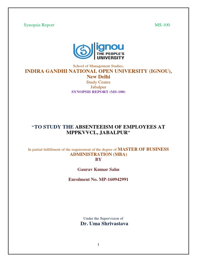Indira Gandhi National Open University (Ignou), New Delhi: Synopsis ...