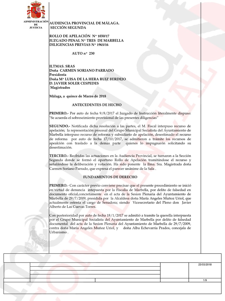 Auto judicial de la Audiencia Provincial de Málaga Derecho penal