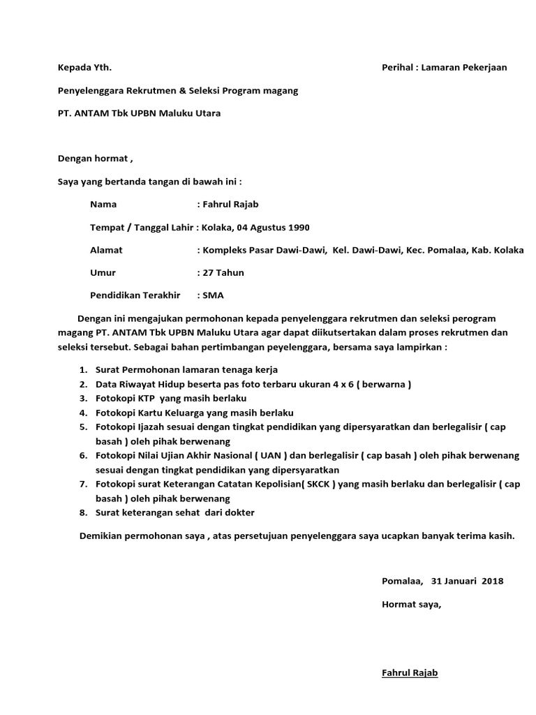 Contoh Surat Lamaran Pekerjaan Di Pt Antam - Kumpulan ...
