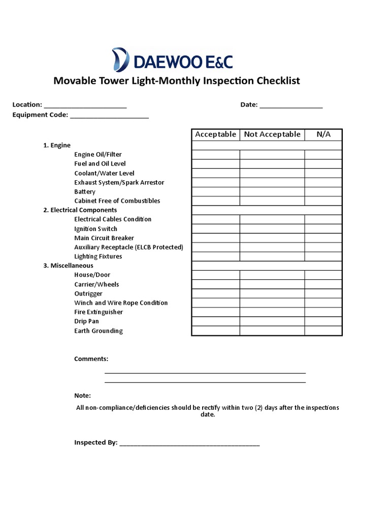 Monthly Movable Tower Light Inspection Checklist Electric Power