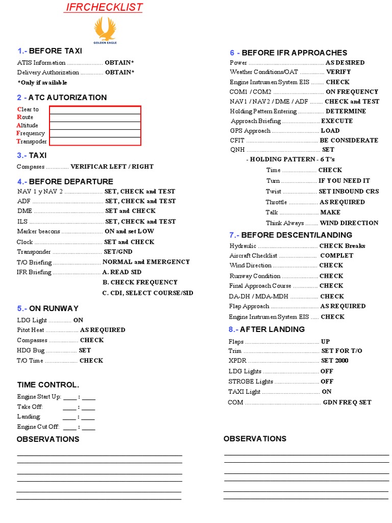 IFR CHECKLIST Versión 03.07.13 PDF Instrument Flight Rules