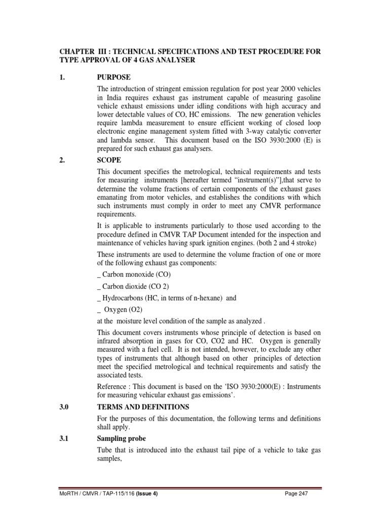 Chapter Iii Technical Specifications and Test Procedure For Type Approval of 4 Gas Analyser 1