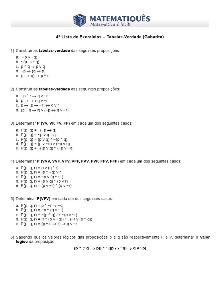 Exercicios Tabela Verdade Doc