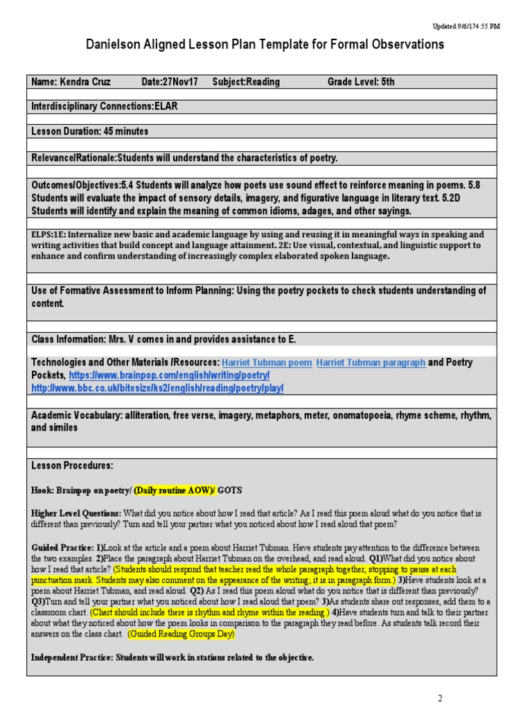 Danielson Aligned Lesson Plan Template For Formal Observations