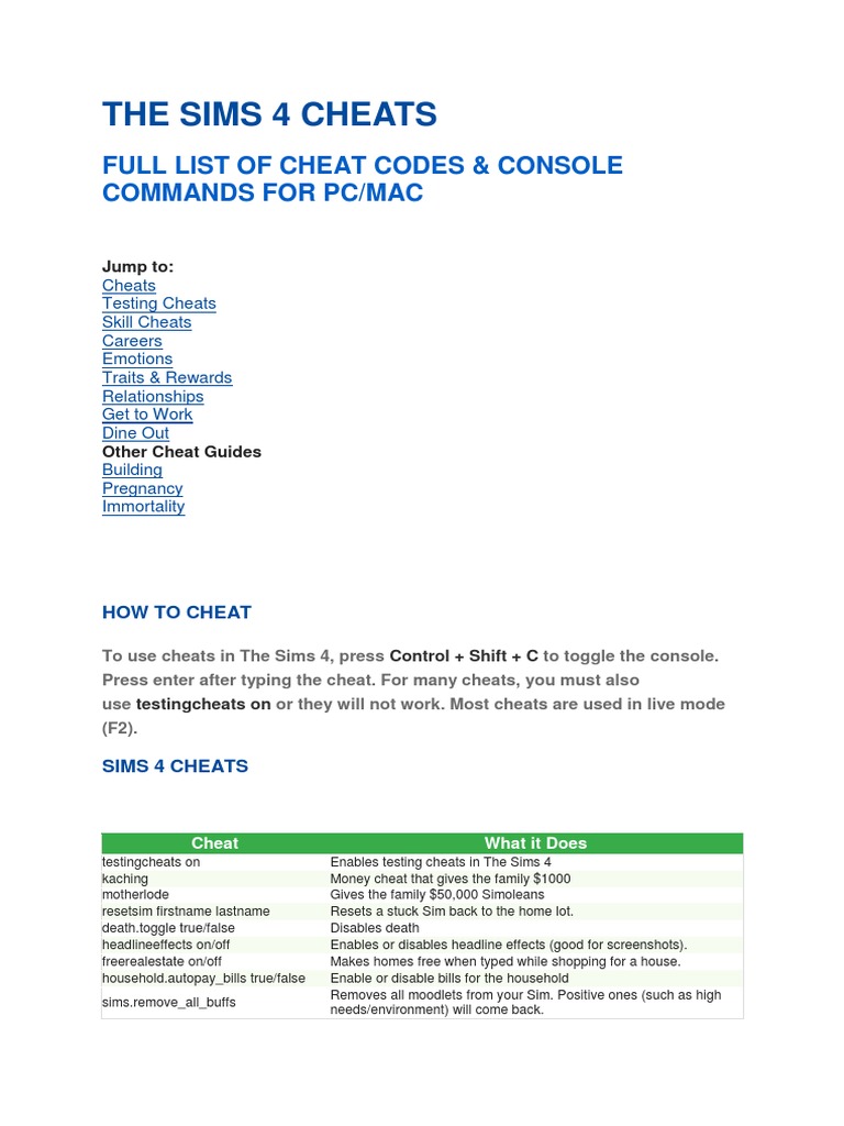 The Sims 4 Cheats Full List of Cheat Codes & Console Commands For Pc