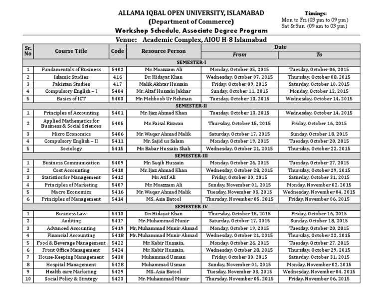 ADC Schedule Spring 15 PDF Pakistan