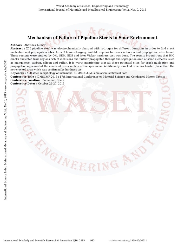 Mechanism of Failure of Pipeline Steels in Sour Environment | PDF ...