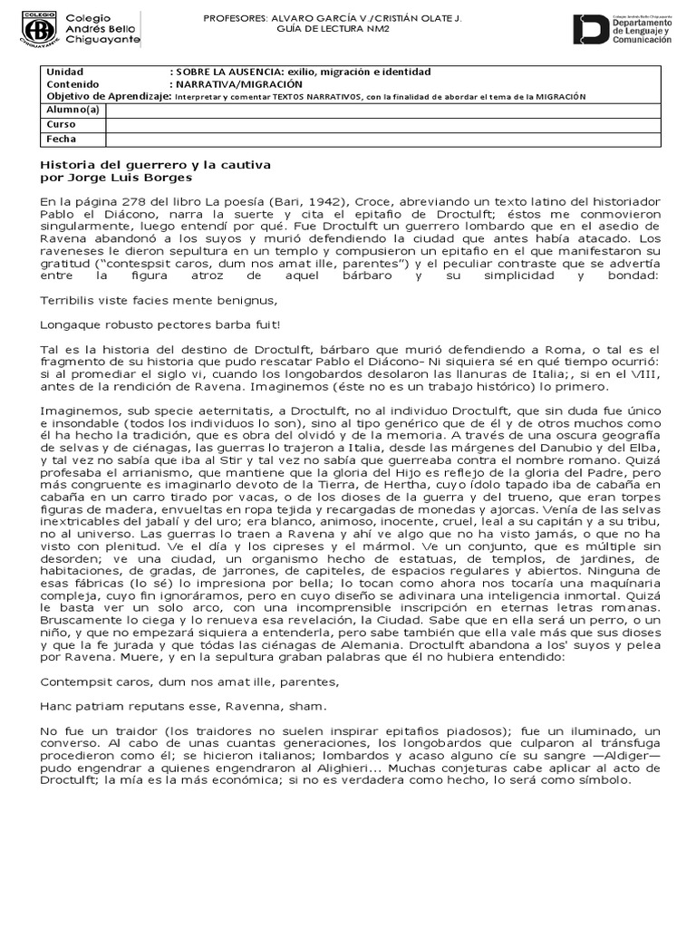 Guía de Lectura Historia Del Guerrero y La Cautiva PDF