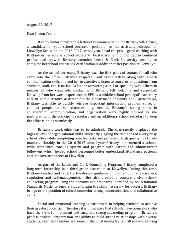 Letter of Recommendation For Brittany Sill-Turner - PG | PDF | School ...