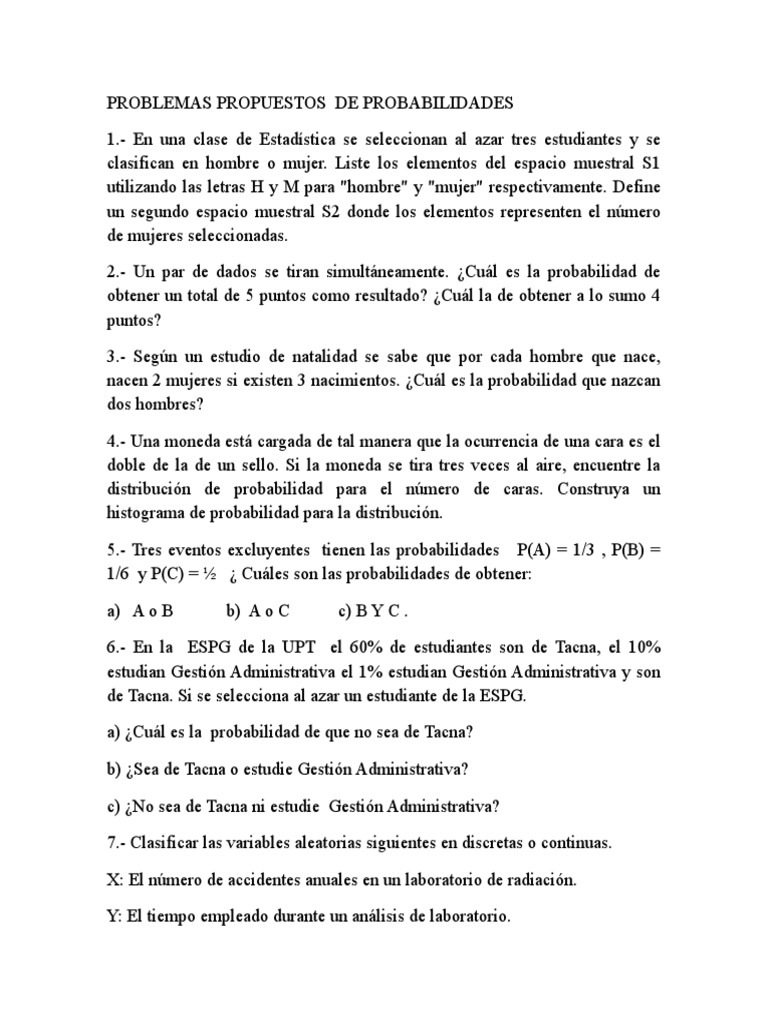 Problemas de Probabilidades y Soluciones | PDF | Variable aleatoria ...