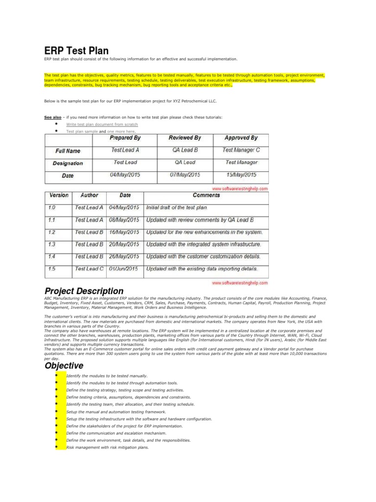 ERP Test Plan Enterprise Resource Planning Software Testing