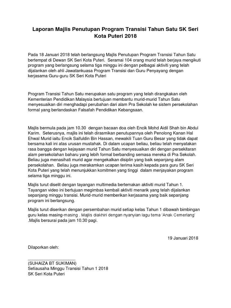 Contoh Laporan Majlis Penutupan Program Transisi Tahun Satu